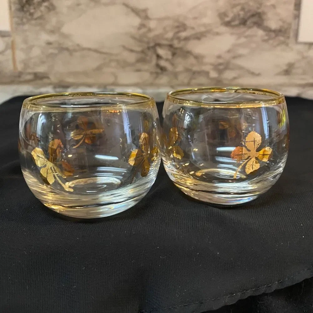 * Federal glass Roly Poly/tumbler glass gold accent four leaf clover set of 2
